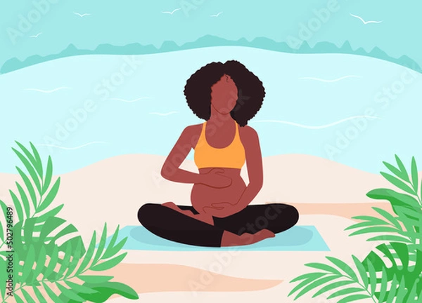 Fototapeta African American pregnant woman meditating in nature, a meditation on the beach. Healthy lifestyle, open-air workout, yoga class. Vector illustration