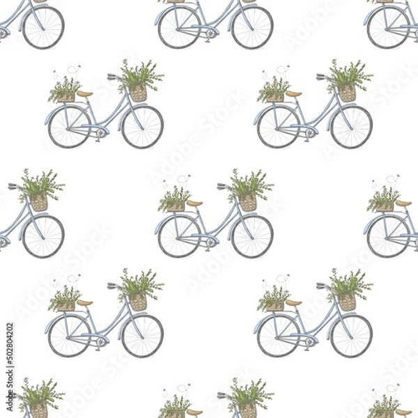 Obraz Pattern on a white background vintage blue bicycle with green plants and blue flowers in a basket