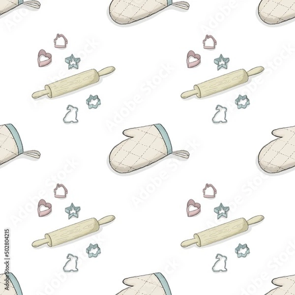 Obraz culinary pattern on a white background rolling pin cookie molds potholder on hand