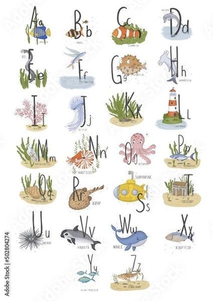 Obraz Illustration of the marine English alphabet on a white background marine fish shellfish algae submarine octopus shark schools of fish lighthouse dolphin kelp card in a bottle