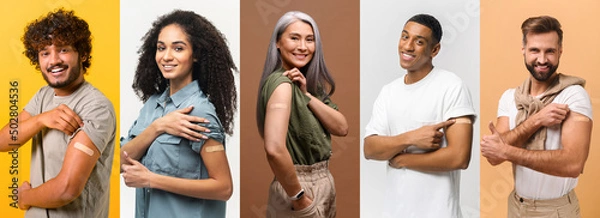 Fototapeta Several portraits in collage with diverse people after vaccination, happy multiracial people showing arms with band-aids after injection, pandemic control company, banner