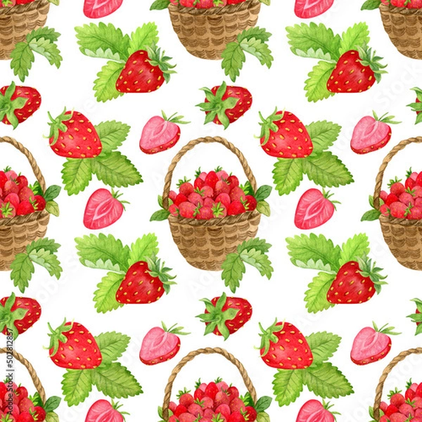 Fototapeta Watercolor seamless pattern with strawberry