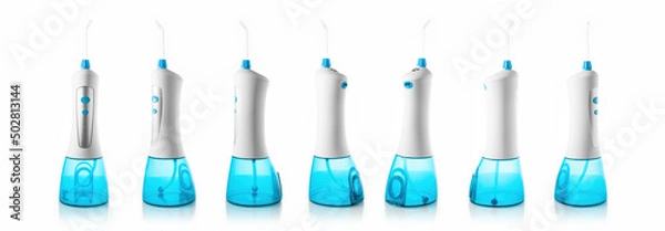 Fototapeta Portable oral irrigator, dental water jet or water flosser captured from different sides, collage, banner isolated on white background