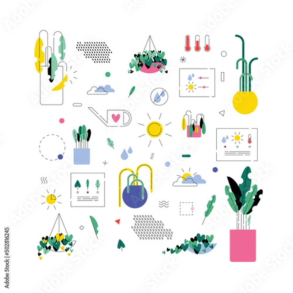 Fototapeta Set of vector plant and gardening illustrations. Happy and playful. Patterns, weather, temperature icons. Isolated objects.