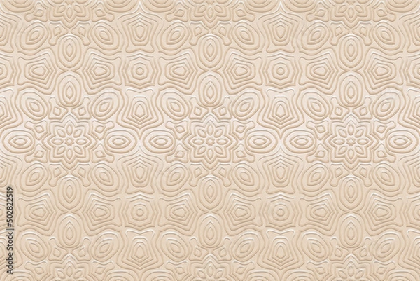 Fototapeta Minimalistic satin embossed light background, exotic cover design. Geometric delicate 3D pattern, ethnic texture in hand drawn style. Oriental, Asian, Indian, Mexican, Aztec, Peru motifs.