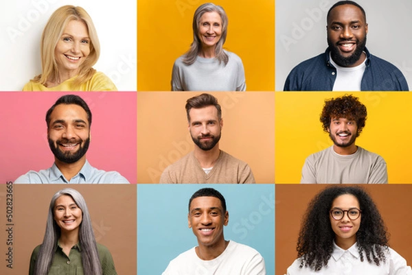 Fototapeta A lot of diverse multiracial people on the screen isolated on multi-colored background, profiles of colleagues involved virtual meeting, hr data base with employees