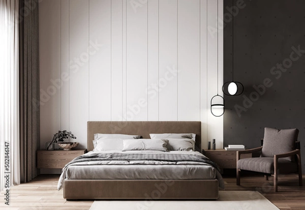 Fototapeta home interior, scandinavian style bedroom mock up, 3d rendering