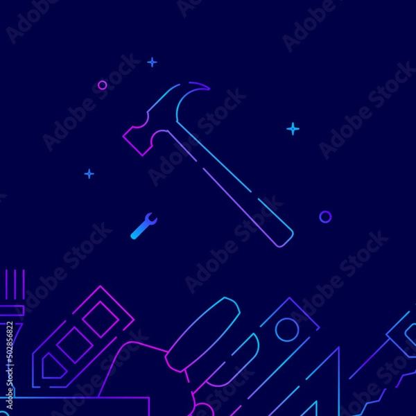 Fototapeta A hammer gradient line vector icon, simple illustration on a dark blue background, Working tools, handycraft, home renovation related bottom border.