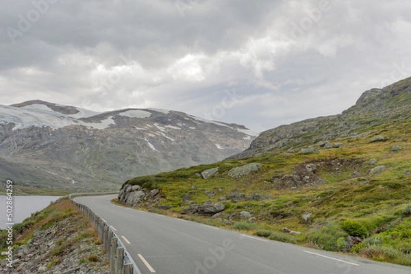 Fototapeta road in the Norwegian mountains, summer landscape with snow. Green and grey rocky slopes, mossy stones, cloudy sky, grey water of the mountain lake