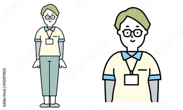 Fototapeta 普通に立っているユニフォームを着た女性の介護士の全身イラスト素材。