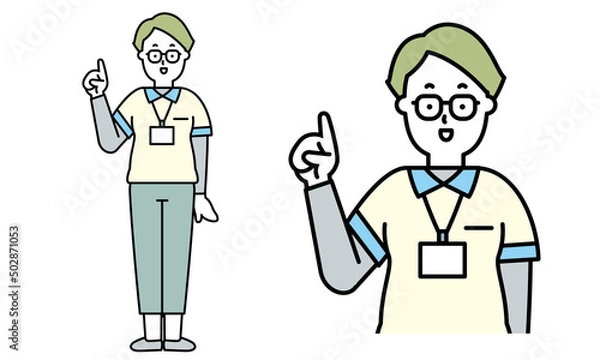 Obraz 人差し指を立てているユニフォームを着た女性の介護士の全身イラスト素材。