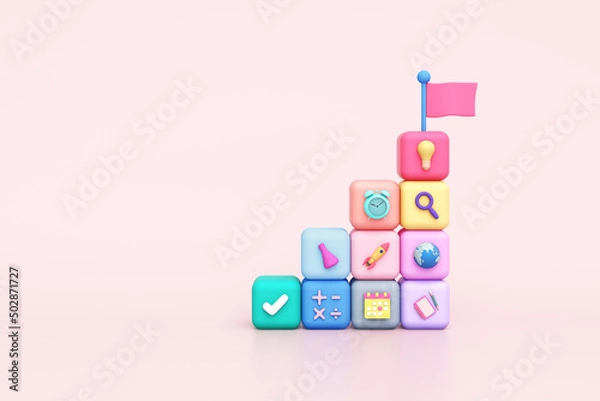 Obraz object block step stair children theme small toys flag learning future kids pastel colorful creative education of school success study time management idea imagination. clipping path. 3D Illustration.
