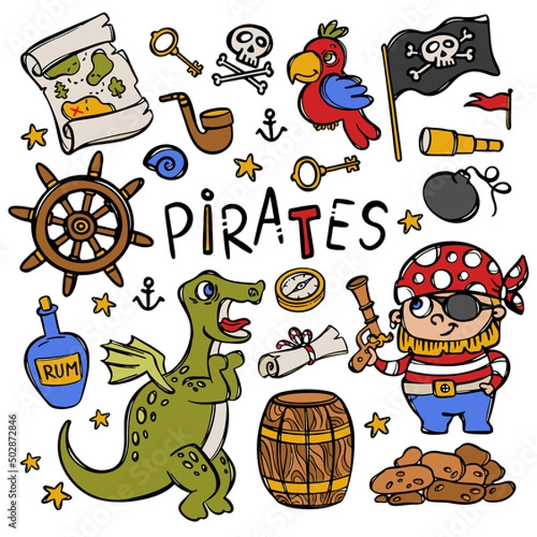 Obraz PIRATE AND DRAGON Dinosaur Parrot Rum Bottle And Other Sea Travel Attributes Hand Drawn Cartoon Objects Vector Illustration Clip Art Set For Design And Print