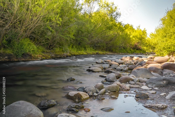 Fototapeta Flowing river with silk effect and rocks on the sides in southern Chile