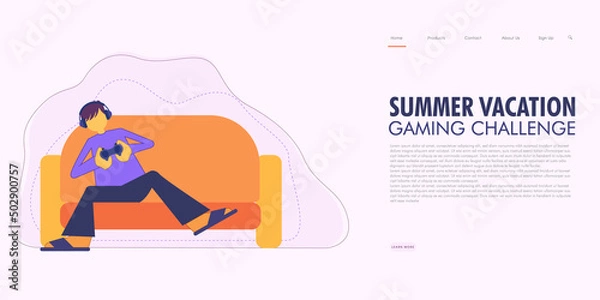 Fototapeta Summer vacation online gaming challenge for students. Website banner or landing page. Vector Illustration.