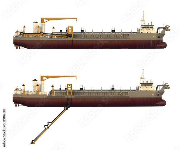 Fototapeta Hopper dredger. Two images with a folded and unfolded a suction pipe. Isolated on white. 3d-rendering