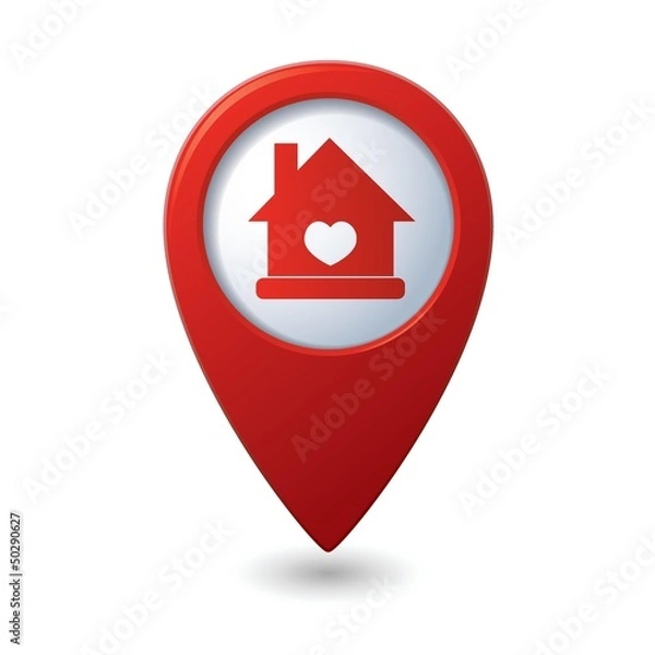 Fototapeta Home icon with heart icon on the red map pointer. Vector