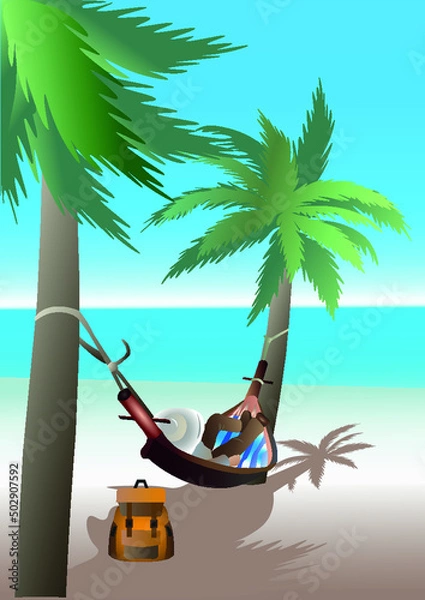Fototapeta a beach with palm trees and a boy in a hammock