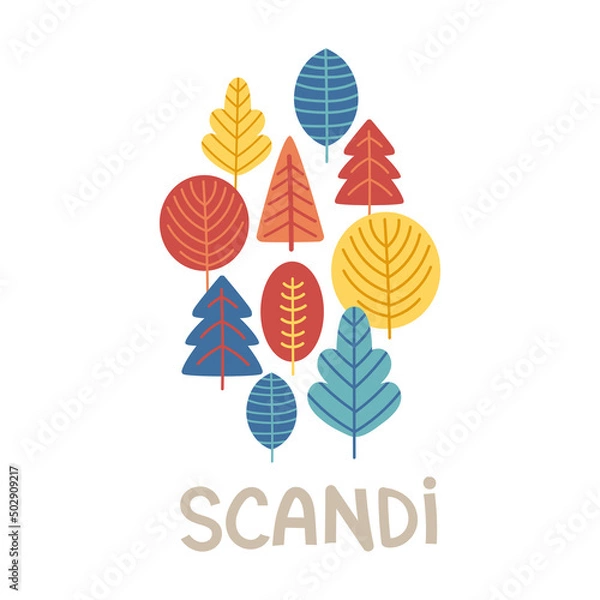 Obraz Composition with trees in scandinavian style. Folk art. Banner, greeting card. Vector nordic illustrations. Scandi logo