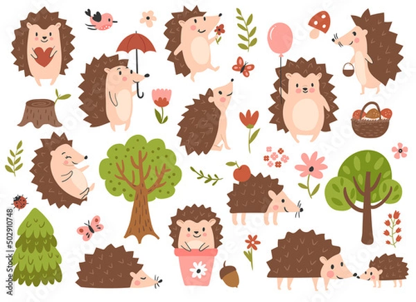 Fototapeta Сute hedgehog set. Hand drawn vector illustration.