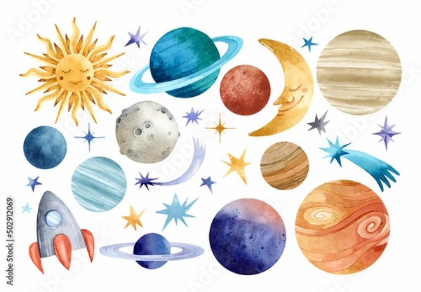 Obraz Watercolor planets, sun, moon, space ship and stars elements set 