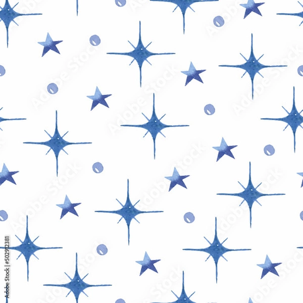 Fototapeta Blue stars and dots watercolor seamless pattern	 