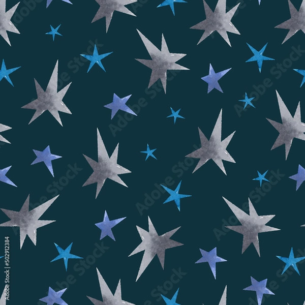Fototapeta Blue and grey stars and dots watercolor seamless pattern on dark background 