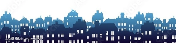 Fototapeta Fog Silhouettes of village houses with windows. Small city houses residential quarters. Isolated on white background. Horizontal seamless composition. Cityscape with buildings. Housing Vector