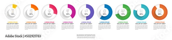 Fototapeta Vector infographic design template. Modern concept with 9 steps. Creative timeline with graph elements, percentage circles and icons. Performance analysis in percent