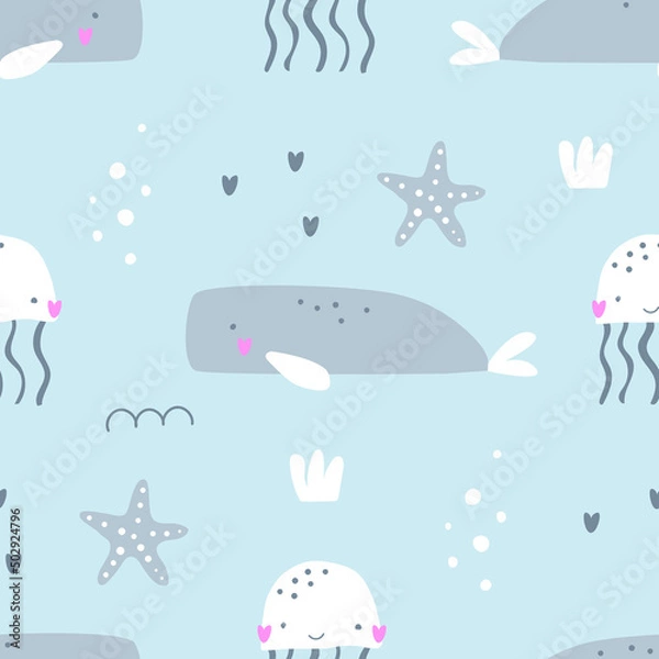 Obraz Seamless pattern with cute animals of the underwater world whale, midusa and starfish made in handmade lines. Vector illustration waiting for printing. Cute baby background.
