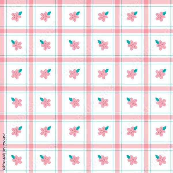 Fototapeta Cute Sakura leaf Element Pink Blue Stripe Striped Line Tilt Checkered Plaid Tartan Buffalo Scott Gingham Pattern Illustration Wrapping Paper, Picnic Mat, Tablecloth, Fabric Background