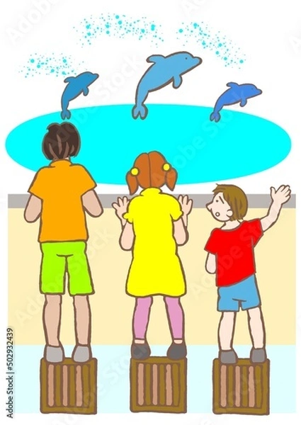 Obraz 合理的配慮・平等　一律の支援はあるがそれでもまだイルカのショーが見えない男の子のイラスト
