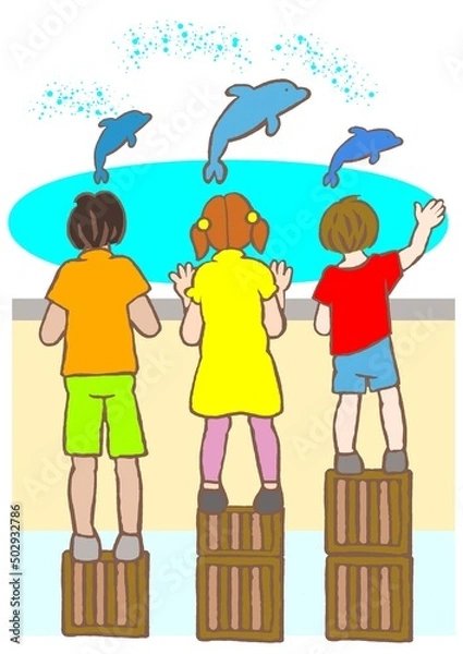 Fototapeta 合理的配慮・公正　個に合わせた支援により全員がイルカのショーを見ることができたイラスト