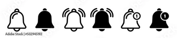 Obraz Notification bell icon. Alarm symbol. Notice message. Set of ringing bells with new notification. Vector illustration.
