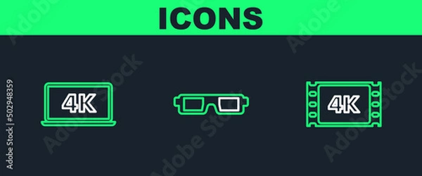 Fototapeta Set line 4k movie, tape, frame, Laptop screen with video technology and 3D cinema glasses icon. Vector
