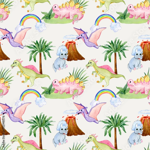 Fototapeta Seamless pattern with cute dinosaurs