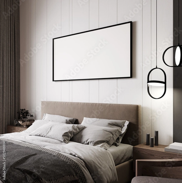 Fototapeta Frame horizontal frame mockup in loft bedroom interior, close up, 3d render