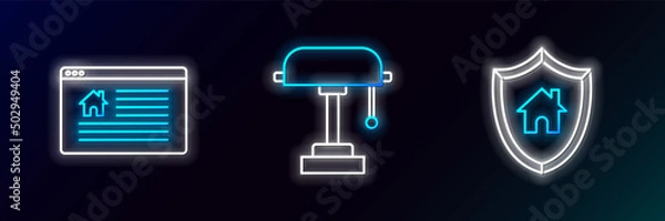 Fototapeta Set line House with shield, Hanging sign text Online Sale and Table lamp icon. Glowing neon. Vector