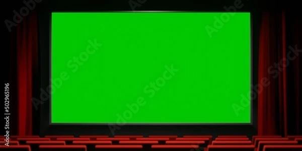 Fototapeta Movie theater with green screen and red velvet curtains and bench. 3D render inside cinema illustration