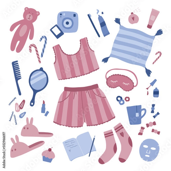 Fototapeta Vector set of isolated girly stuff. Pajama party. Flat graphics. Pink and blue colors. 