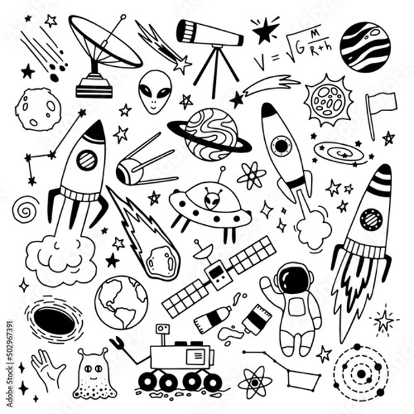 Obraz Vector set of doodle space illustrations. Hand drawn outline desigh. Collection of cosmic elements. 