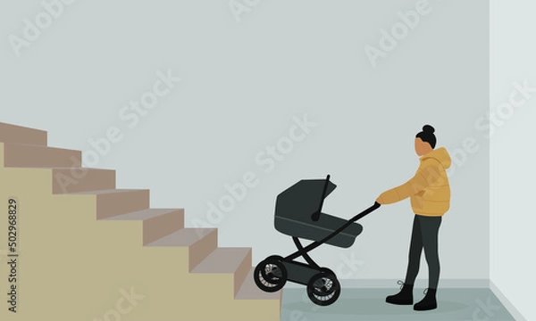 Obraz A female character with a baby stroller climbs the stairs