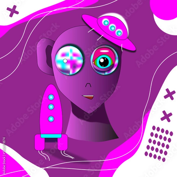 Fototapeta Cute template with a rocket, a flying saucer and an alien. Illustration for a banner on the theme of space exploration.