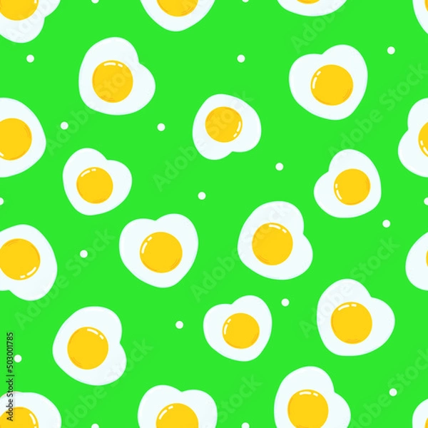 Fototapeta Cute funny fried egg green pattern character. Vector hand drawn cartoon kawaii character illustration icon. Fried egg character concept