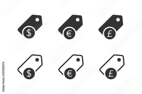 Fototapeta Zestaw ikon ceny znacznika. Ikony sprzedaży z symbolami dolara, euro i funta. Ilustracja wektorowa.