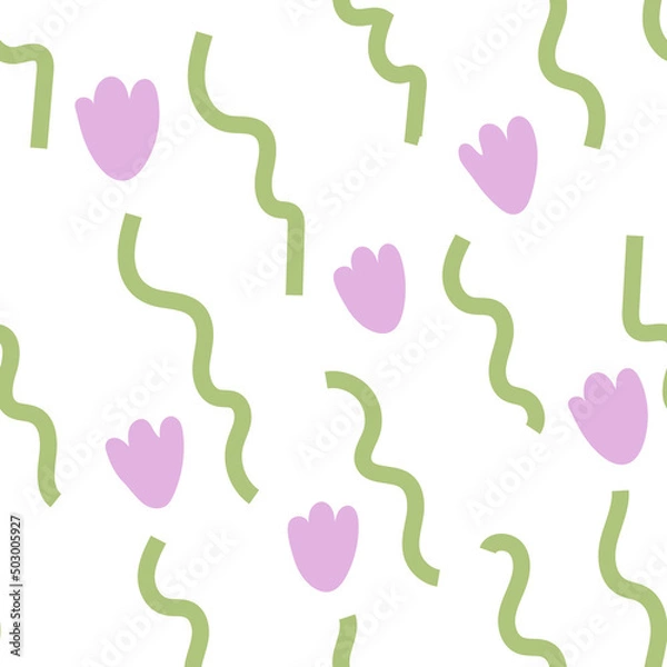Fototapeta Abstract seamless pattern with cute flowers and wavy lines. Spring blossom vector background