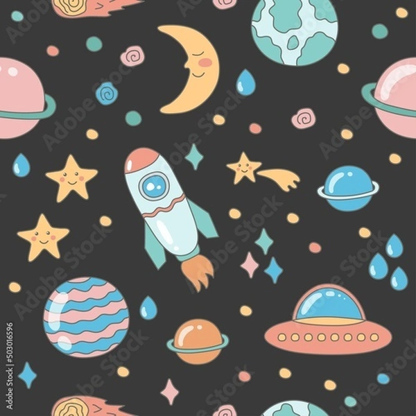 Fototapeta Cosmos seamless pattern. Planets, stars, and a rocket. Cartoon vector illustration. Textile