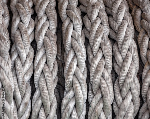 Fototapeta Gray synthetic ship rope wound on drum close-up.