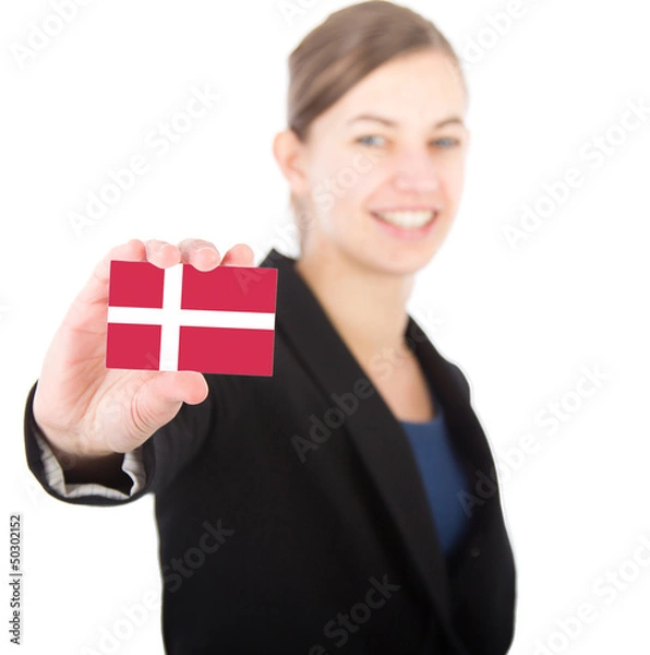 Obraz business woman holding a card with the Danish flag