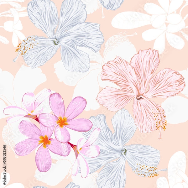 Fototapeta Seamless pattern floral with Hibiscus and frangipani flowers pink pastel abstract background.Vector illustration hand drawning line art.For fabric pint design.